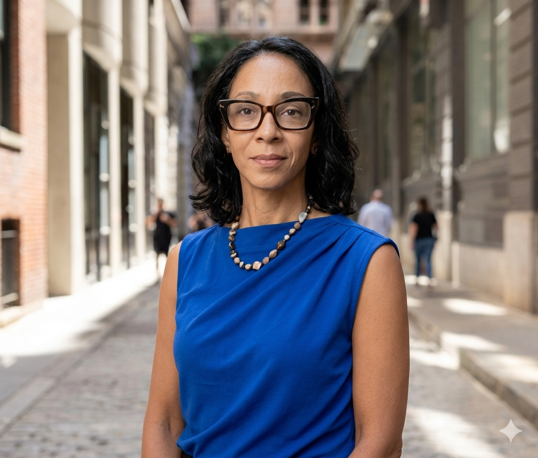 Dr. Lynn F. Austin, blue dress, standing