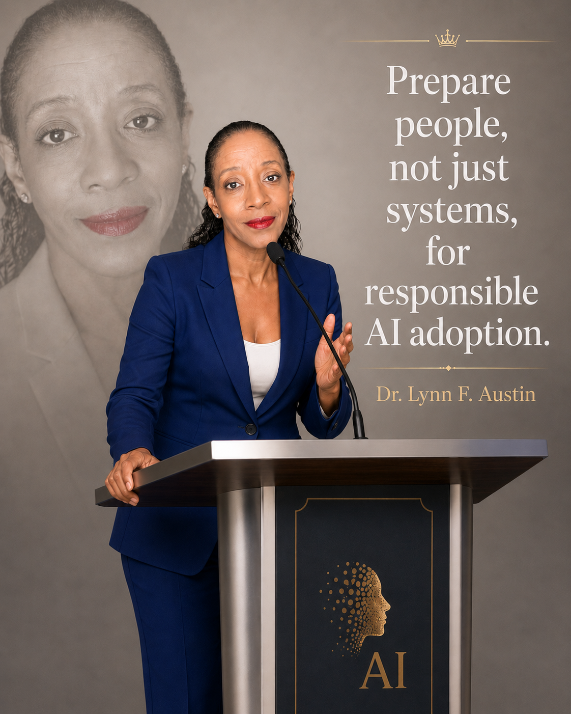 Dr. Lynn F. Austin speaking at a podium