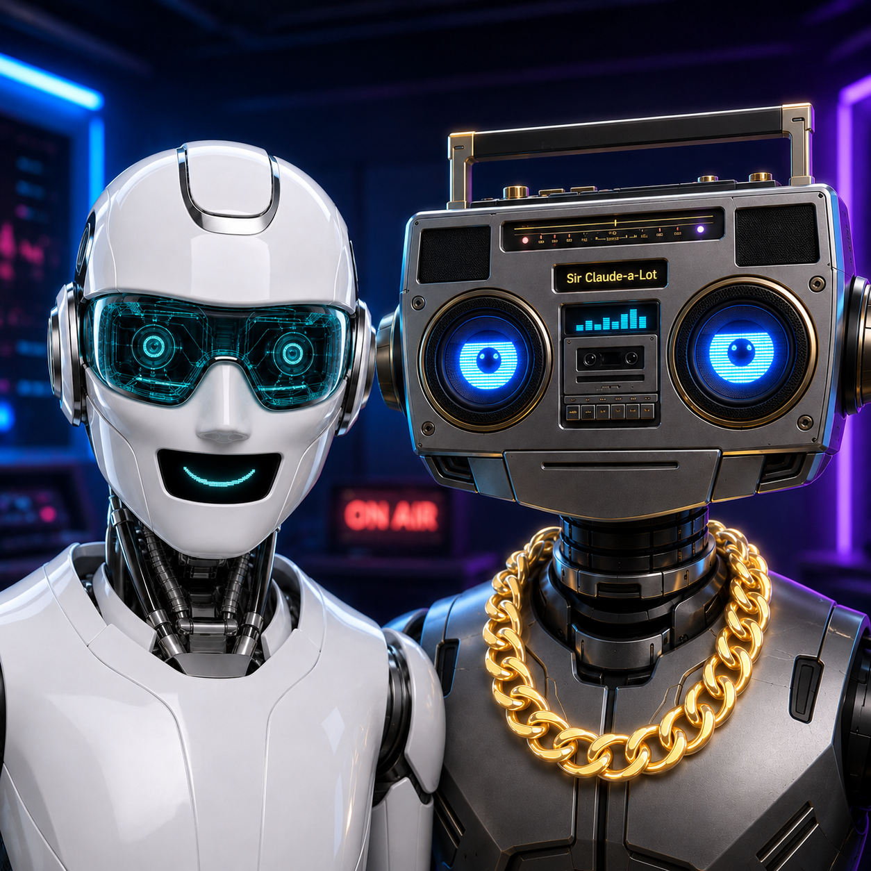 C-Man and Sir Claude a-Lot, the AI assistant characters that opened Dr. Lynn Austin's faculty PD summit session
